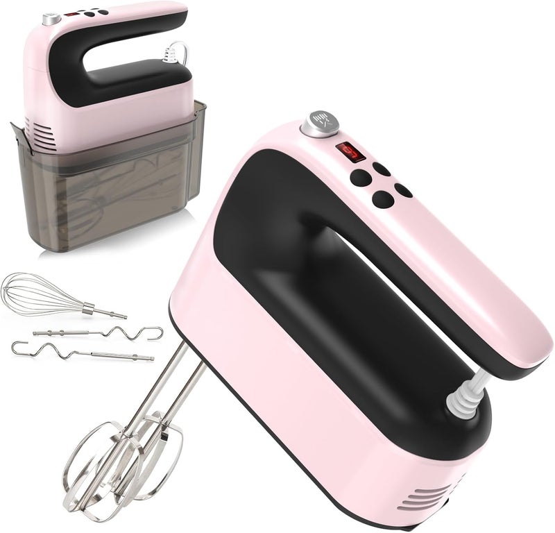 Yomelo 9-Speed Digital Hand Mixer Electric, 400W Powerful DC Motor, Hand Mixer Electric Handheld with Snap-On Storage Case, 5 Stainless Steel Accessories, Beaters, Dough Hooks, Whisk(Pink/Black) - Image 1